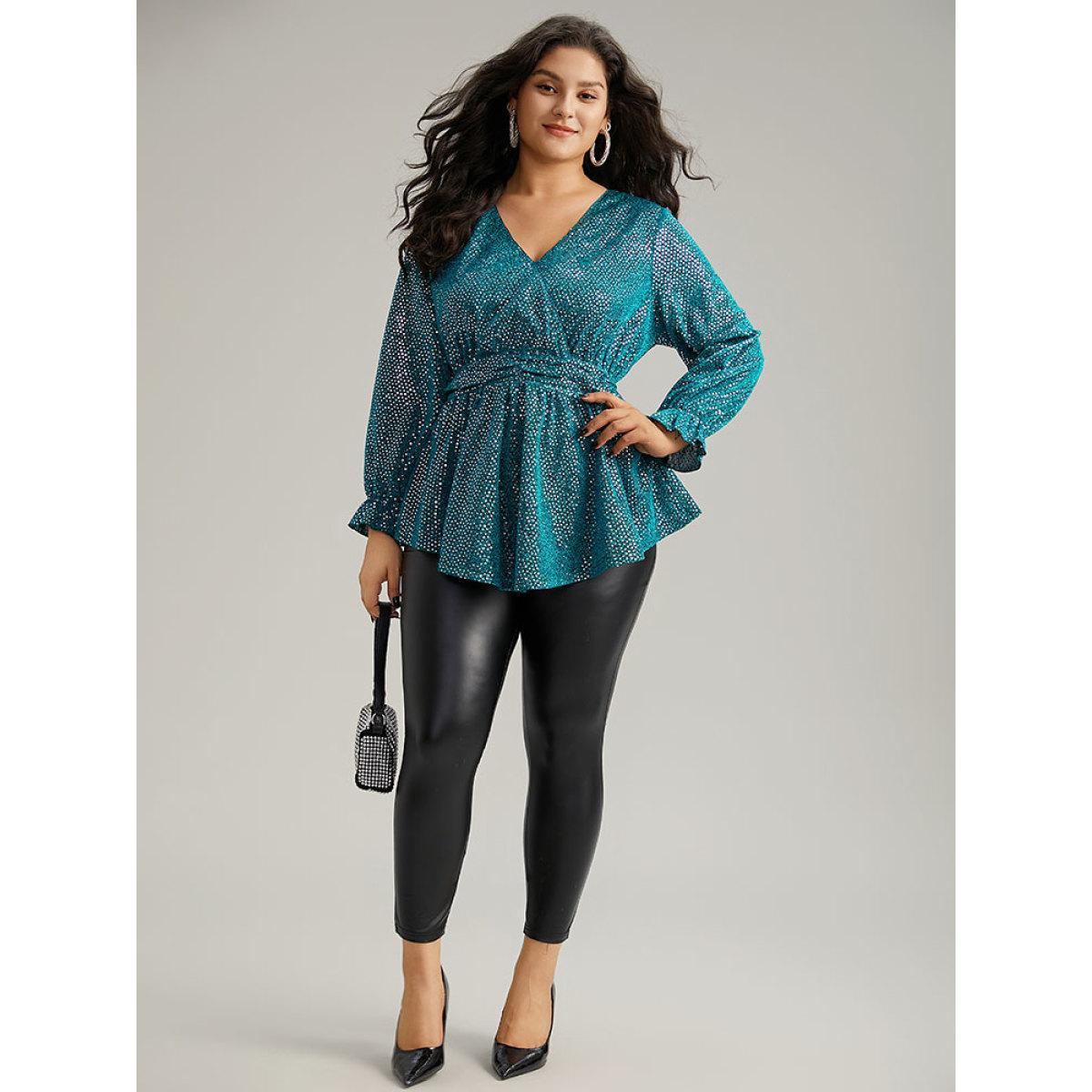 Plus Size Emerald Sequin Wrap Ruffles Ruched Lantern Sleeve Blouse Women Glamour Long Sleeve V-neck Festival-Christmas Blouses BloomChic 28/5X Product Image