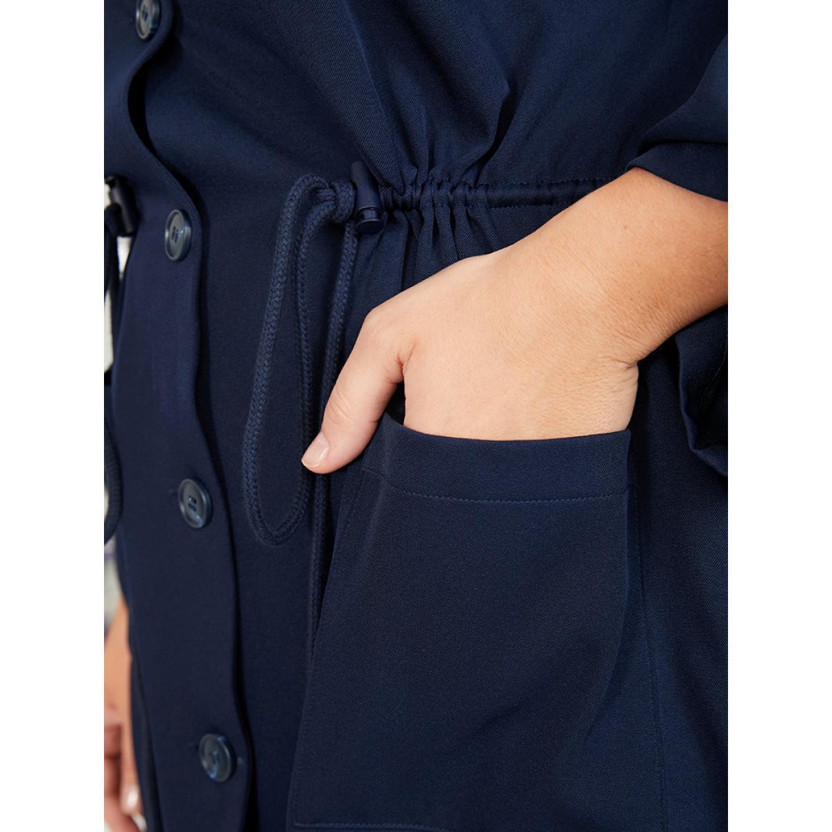 Plus Size Solid Pocket Button Up Cuffed Sleeve Drawstring Coat Women Navy Elegant Pocket Ladies Dailywear Winter Coats BloomChic 10/M Product Image