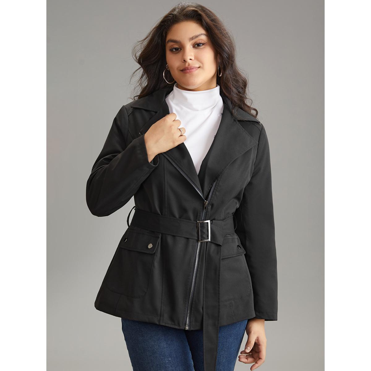 Plus Size Fuzzy Trim Patchwork Zipper Belted Lapel Collar Coat Women Black Casual Lined Ladies Dailywear Winter Coats BloomChic 26/4X Product Image