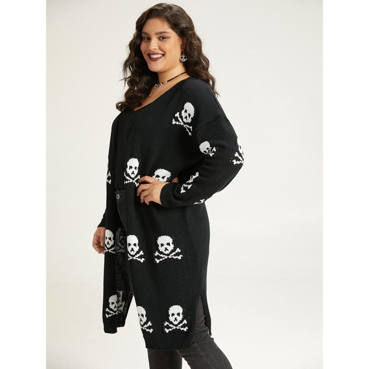 Plus Size Halloween Skull Print Split Side Drop Shoulder Maxi Cardigan Black Women Casual Loose Long Sleeve Festival-Halloween Cardigans BloomChic 22-24/3X Product Image