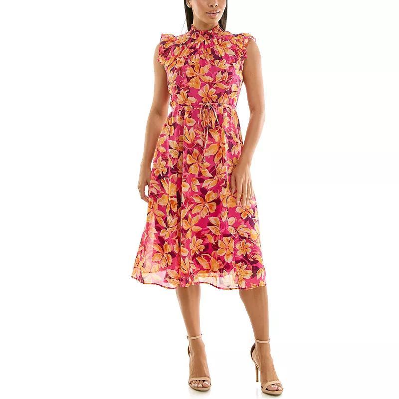 Womens Nina Leonard Smocked Flutter Sleeve Print Dress Product Image