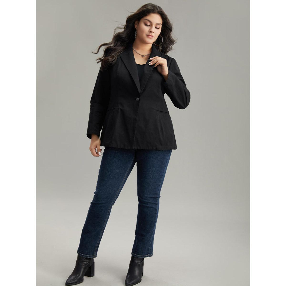 Plus Size Plain Gathered Suit Collar Button Fly Blazer Black Women Dailywear Plain Plain Sleeve Long Sleeve Suit Collar 12/L Casual Blazers BloomChic Product Image
