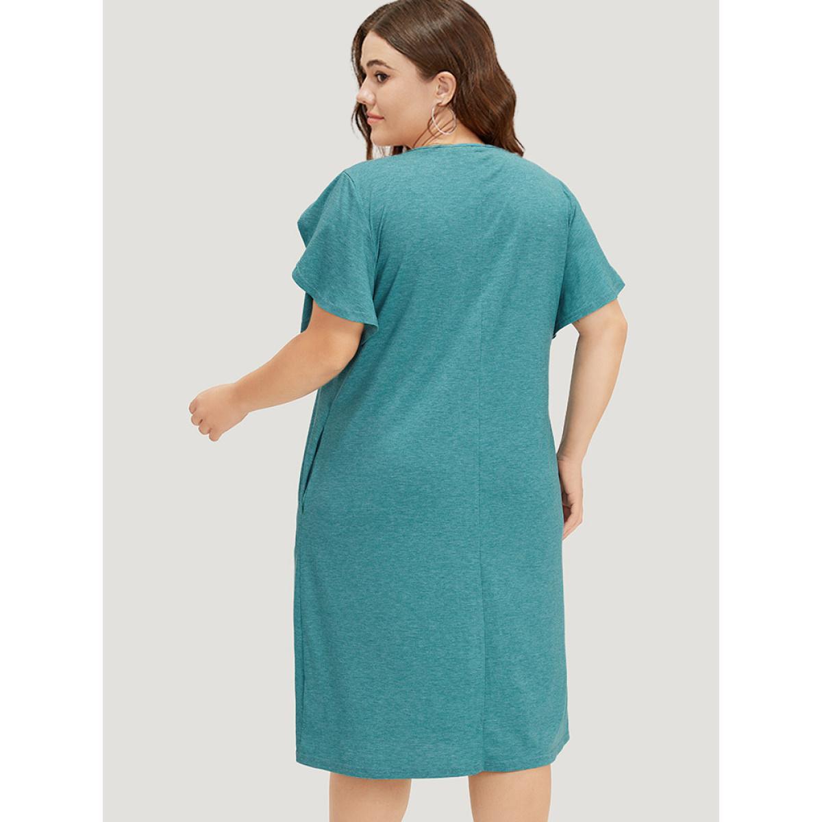 Plus Size Supersoft Essentials Solid Pocket Keyhole Petal Sleeve Dress Cerulean Women Casual Plain V-neck Short sleeve Curvy Midi Dress BloomChic 12/L Product Image