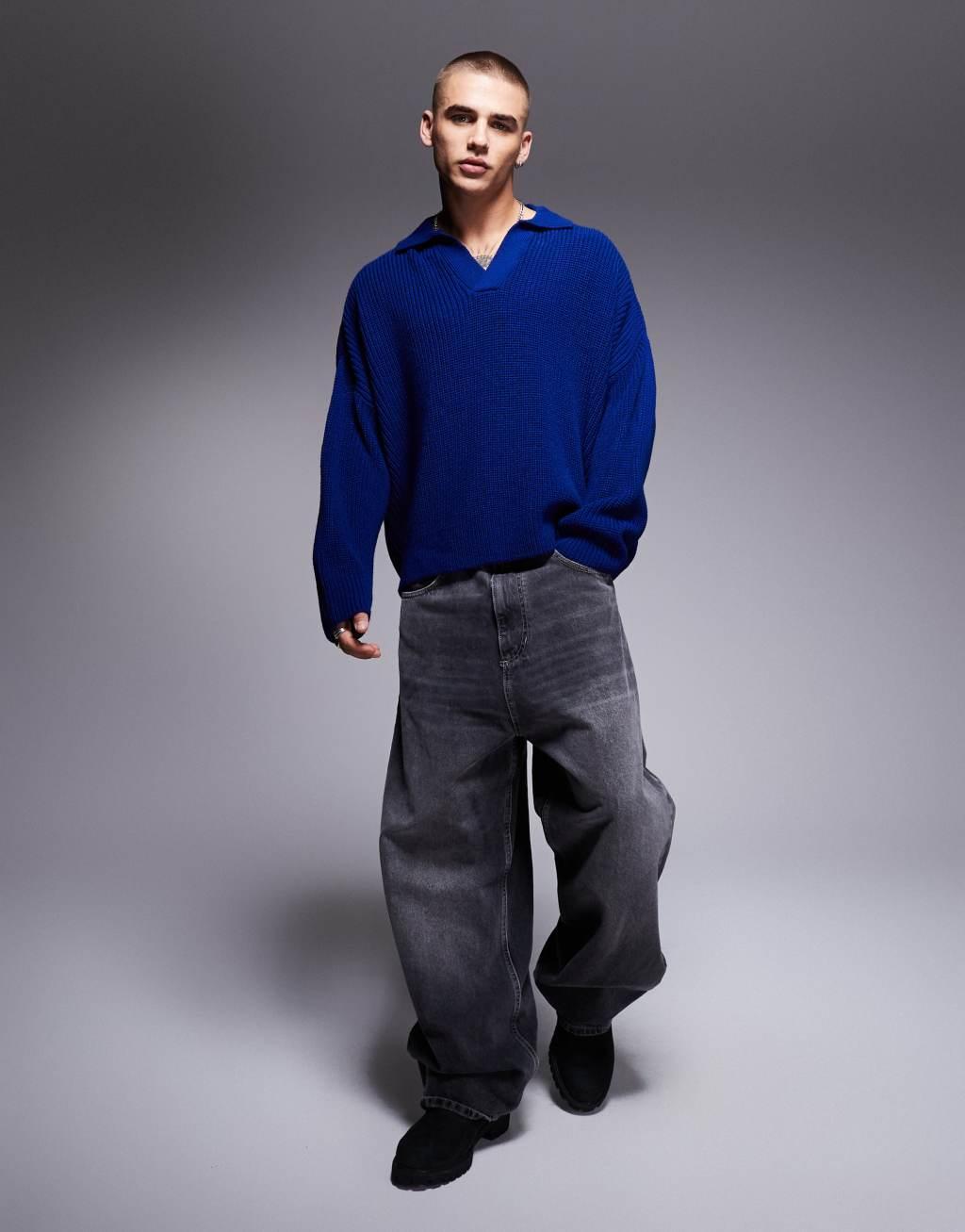 ASOS DESIGN super oversized boxy fit fisherman ribbed knitted notch neck sweater in dark blue Product Image