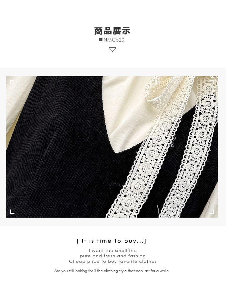 Set: Lace-Trim Loose Blouse + Sleeveless V-Neck Midi Dress with Sash Product Image