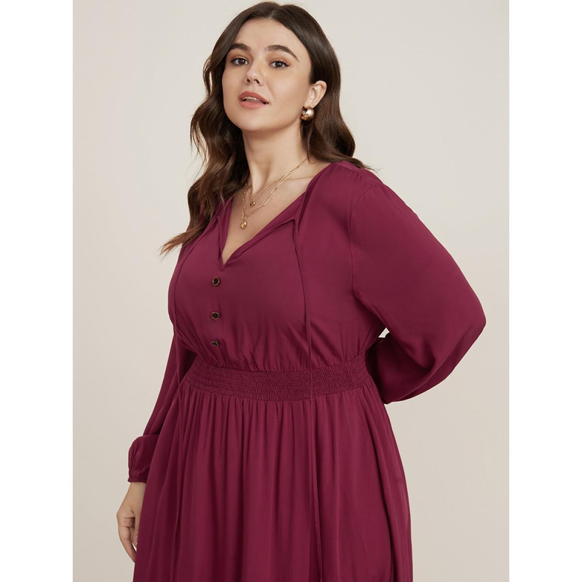 Plus Size Solid Pocket Button Detail Tie Neck Shirred Ruffles Dress Burgundy Women Elegant Pocket V-neck Long Sleeve Curvy Midi Dress BloomChic 30/6X Product Image