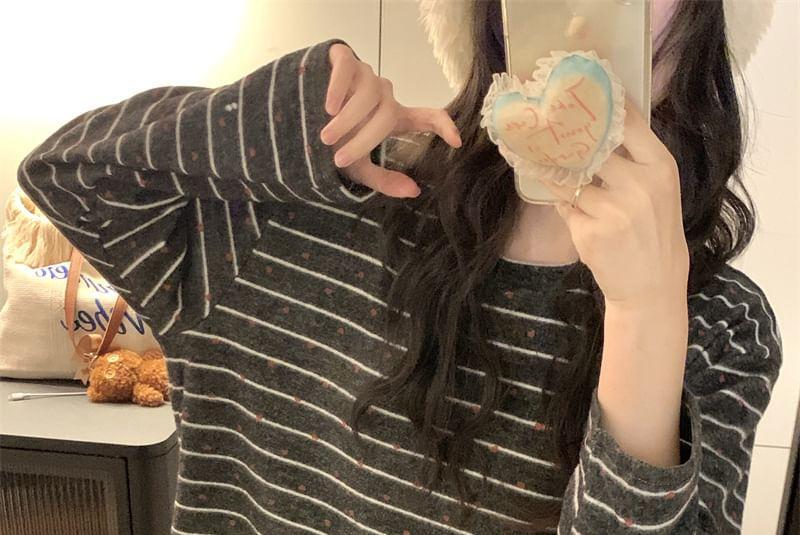 Pajama Set: Long Sleeve Round Neck Striped T-Shirt + Straight Leg Pants Product Image