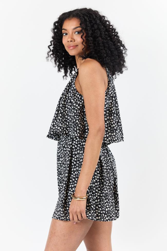 Spotlight Moment Black and White Daisy Print Halter Neck Romper SALE Product Image