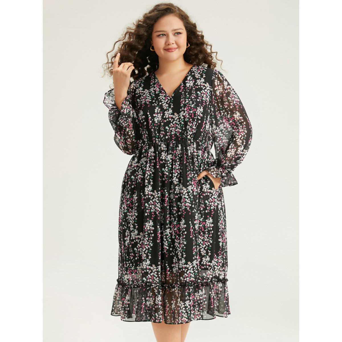 Plus Size Ditsy Floral Chiffon Patchwork Frill Trim Dress Black Women Elegant See through V-neck Long Sleeve Curvy Midi Dress BloomChic 12/L Product Image