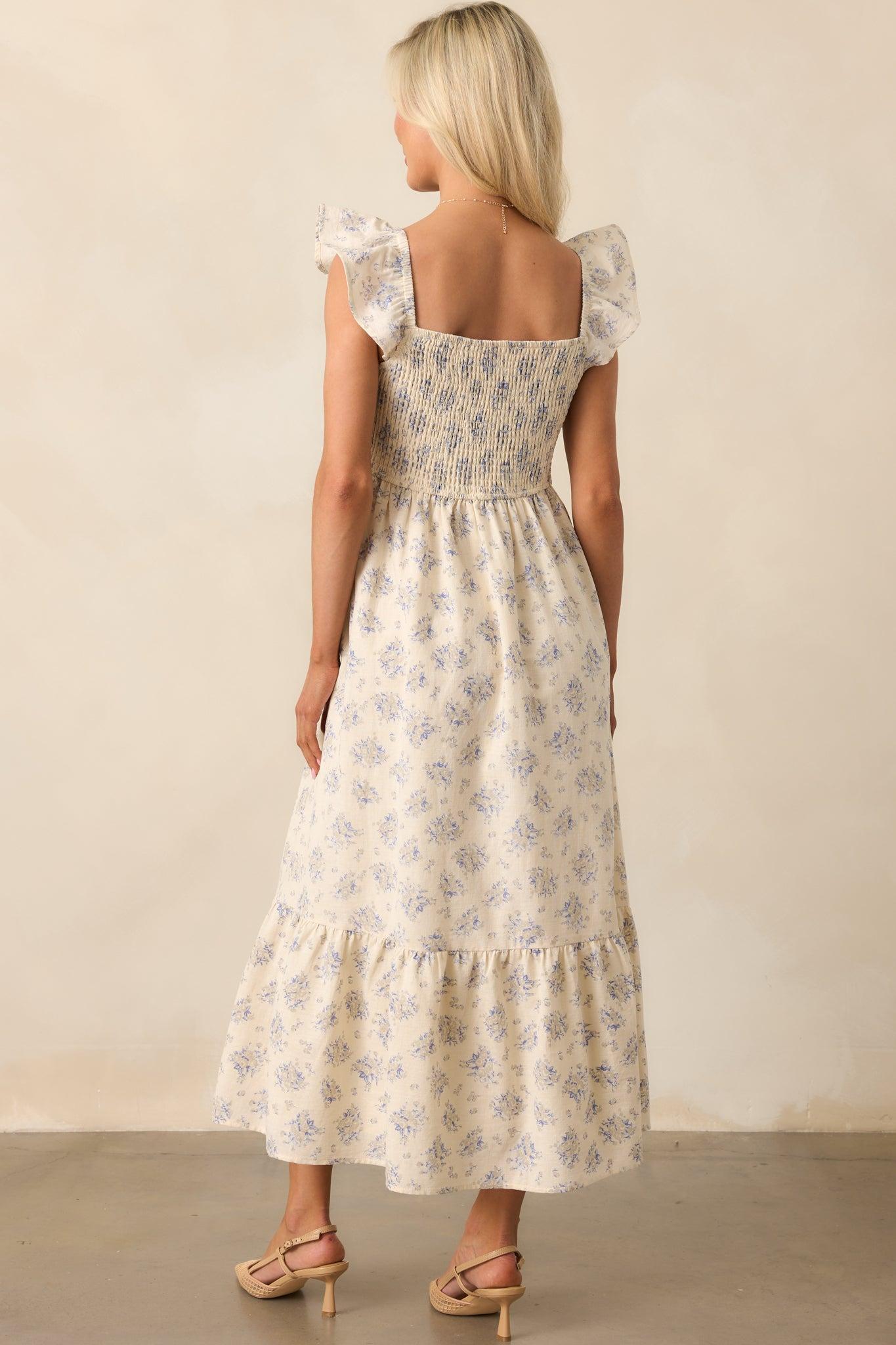 Blooming Brunch Cotton Beige Floral Flutter Sleeve Maxi Dress Product Image