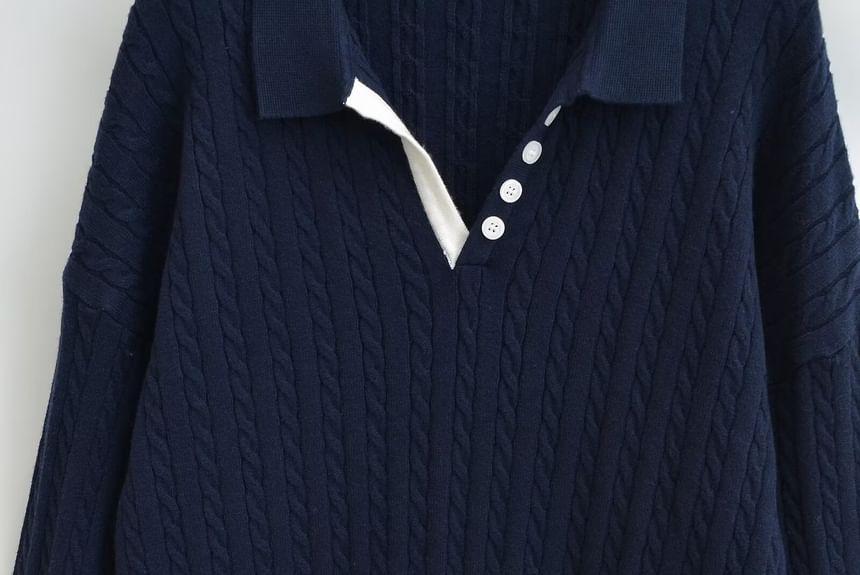 Polo Collared Plain Cable Knit Sweater Product Image