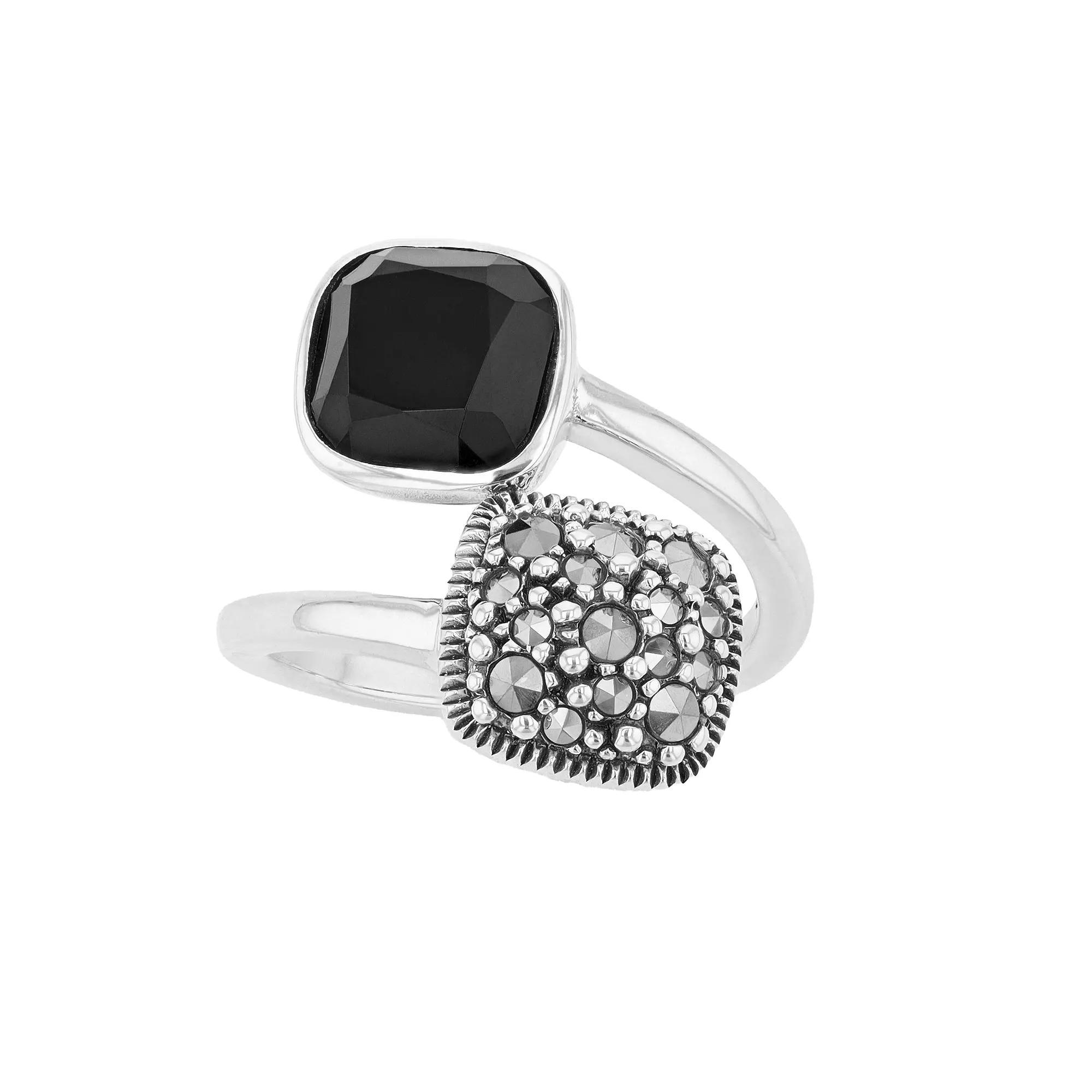 Lavish by TJM Sterling Silver Black Onyx & Marcasite 2-Head Ring, Women's, Size: 7 Product Image