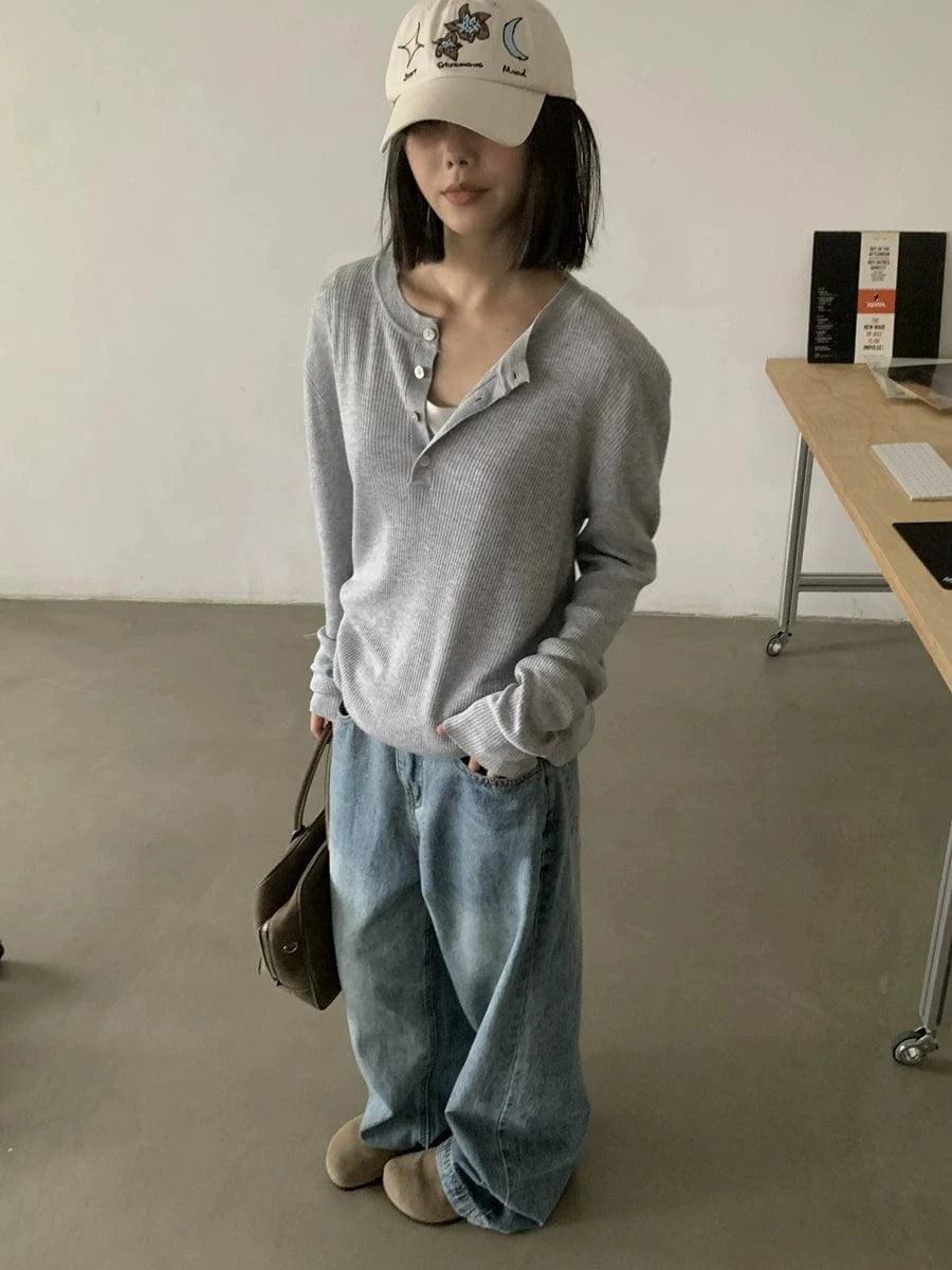 RT No. 18761 WASHED BLUE BAGGY STRAIGHT DENIM JEANS Product Image