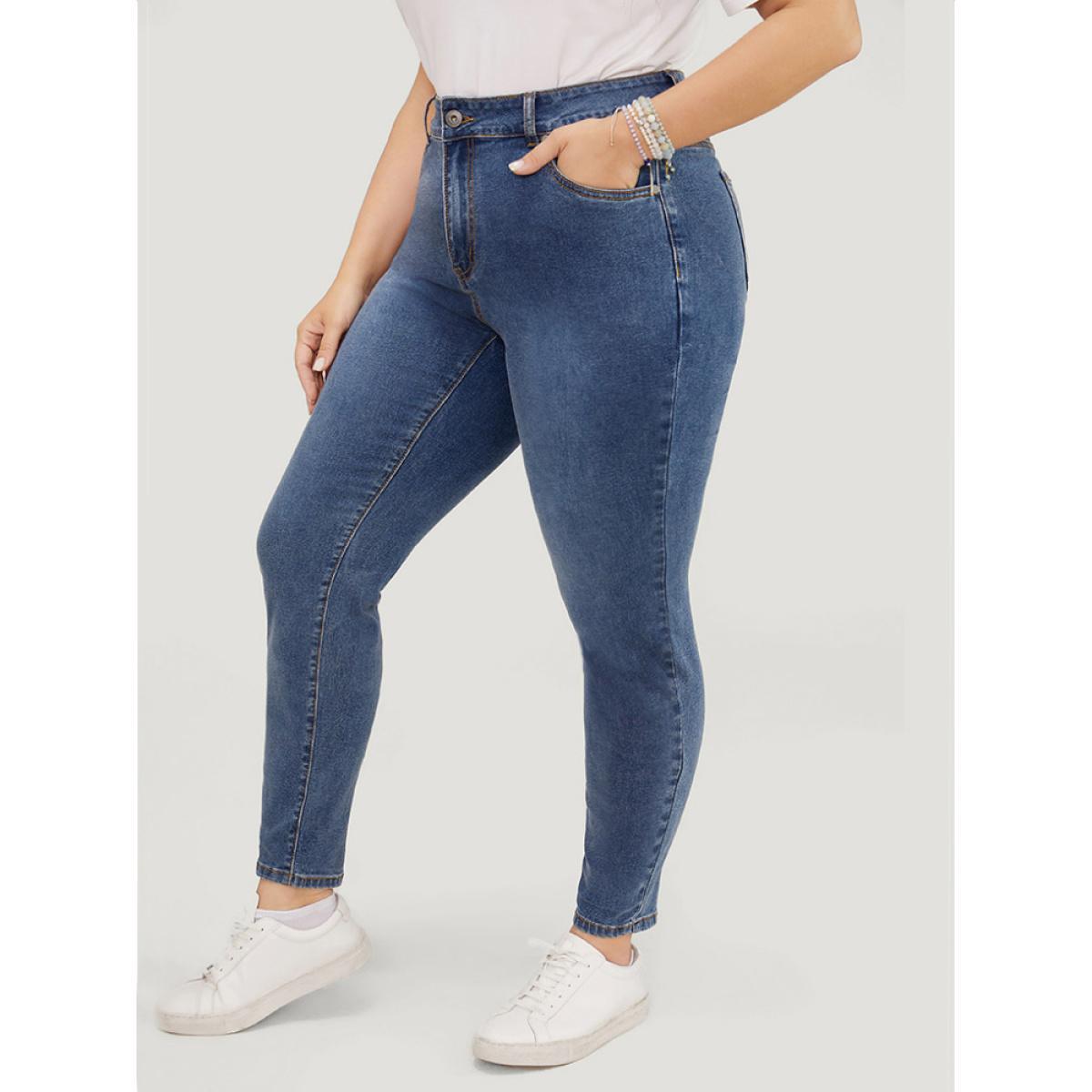 Plus Size Skinny Very Stretchy High Rise Medium Wash Ankle Jeans Women Blue Casual Plain High stretch Pocket Jeans BloomChic 10/M Product Image
