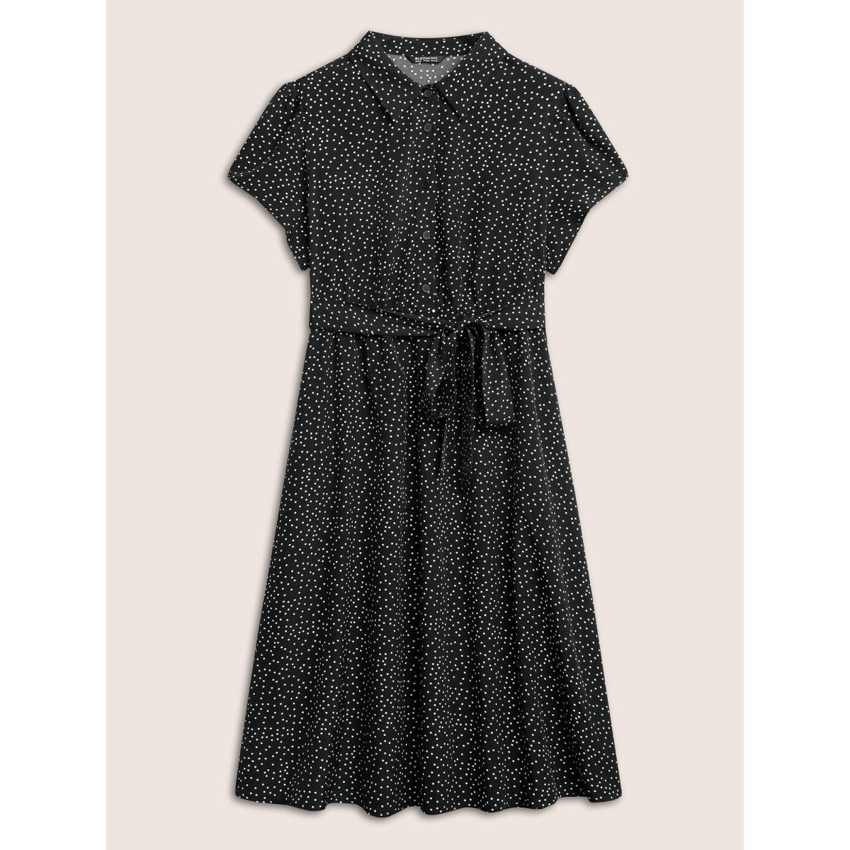 Plus Size Polka Dot Shirt Collar Pocket Button Up Dress Black Women At the Office Non Shirt collar Short sleeve Curvy Midi Dress BloomChic 18-20/2X Product Image