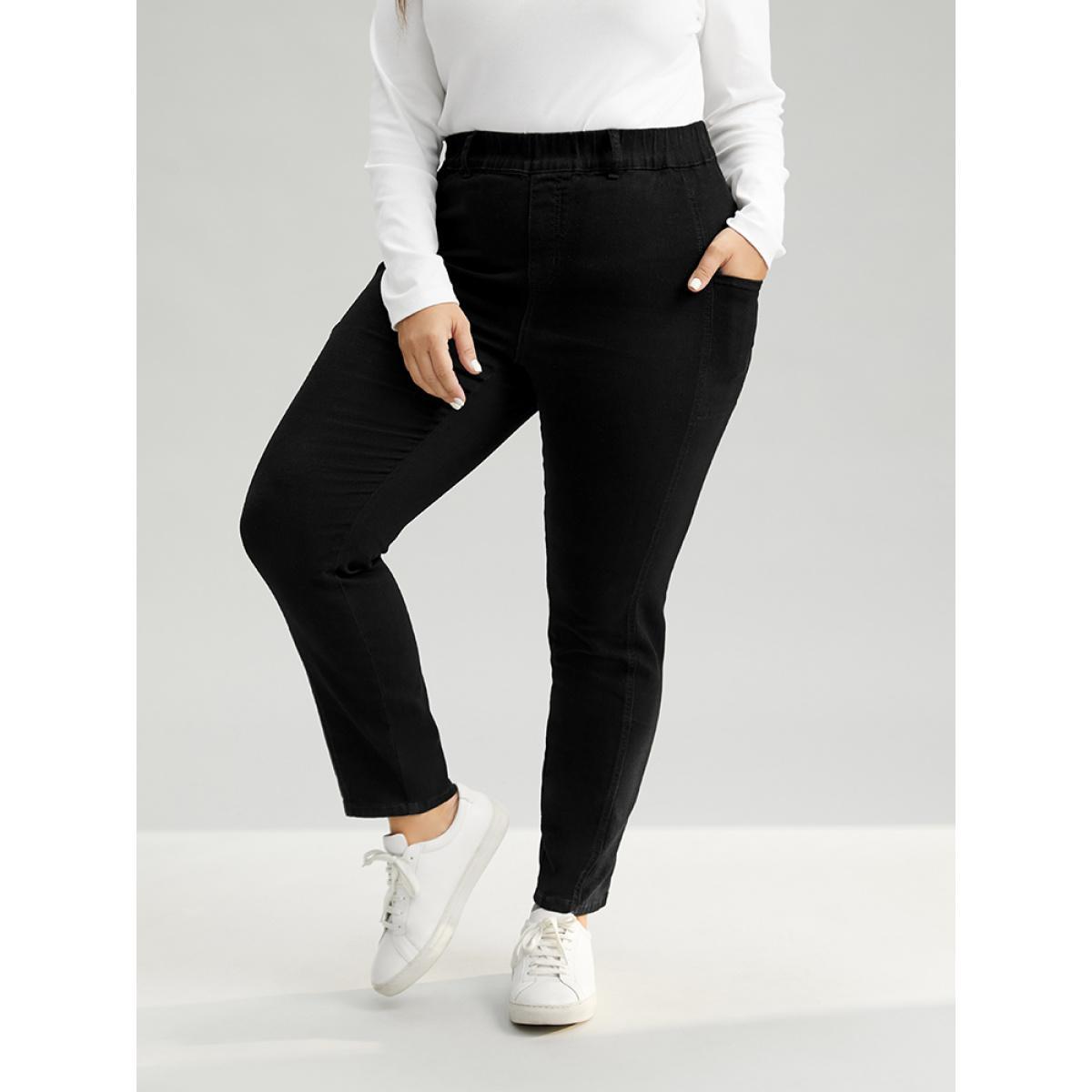Plus Size Elastic Waist Side Pocket Skinny Jeans Women Black Casual Plain Plain High stretch Pocket Jeans BloomChic 26/4X Product Image