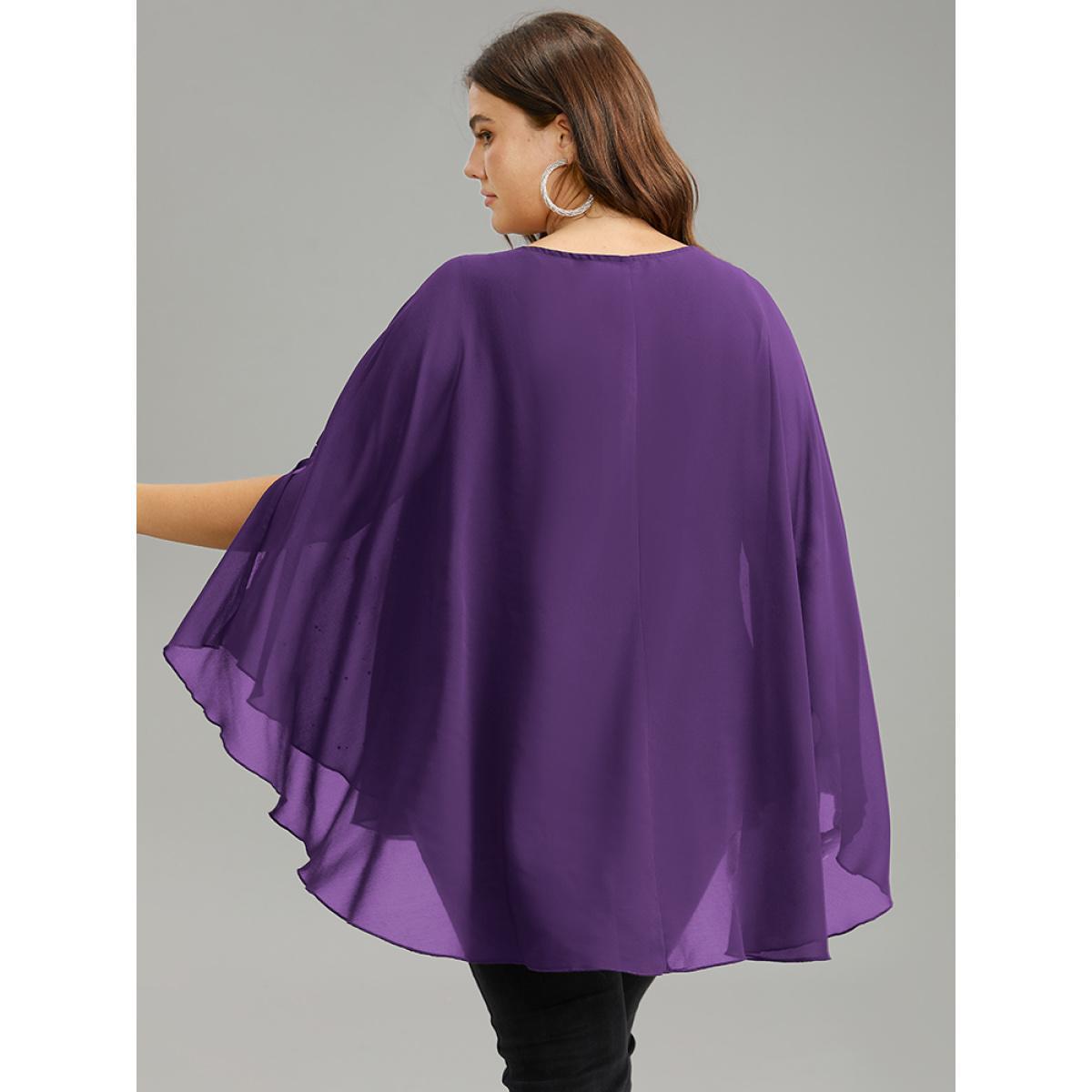 Plus Size Purple Chiffon Rhinestone Split Dolman Sleeve Blouse Women Cocktail Elbow-length sleeve Round Neck Party Blouses BloomChic 14-16/1X Product Image
