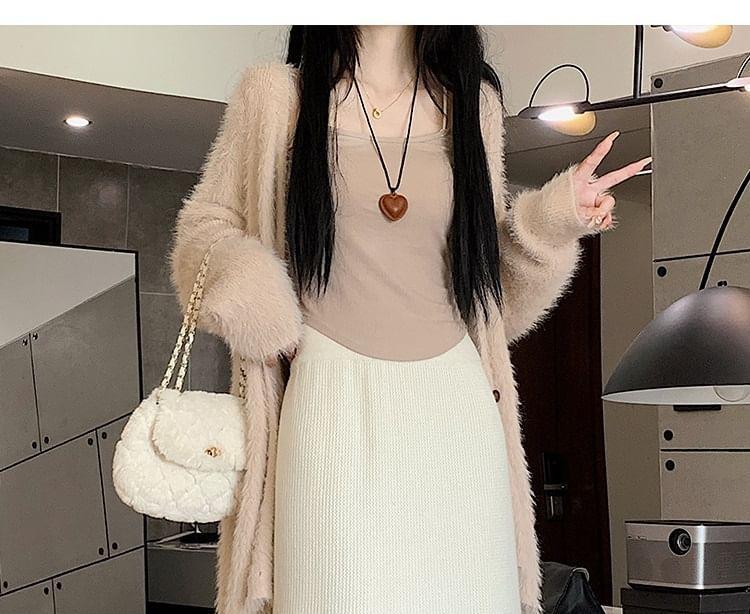 High Rise Plain Slit Knit Midi A-Line Skirt Product Image