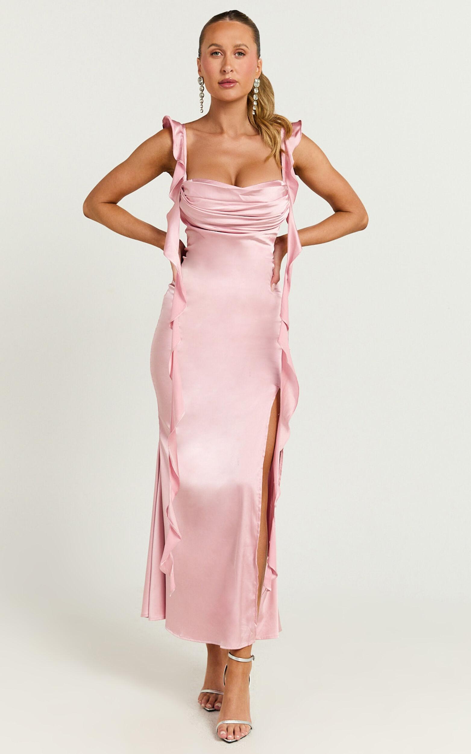 Tony Midi Dress - Frill Front Cowl Neck Dress in Pale Pink Product Image