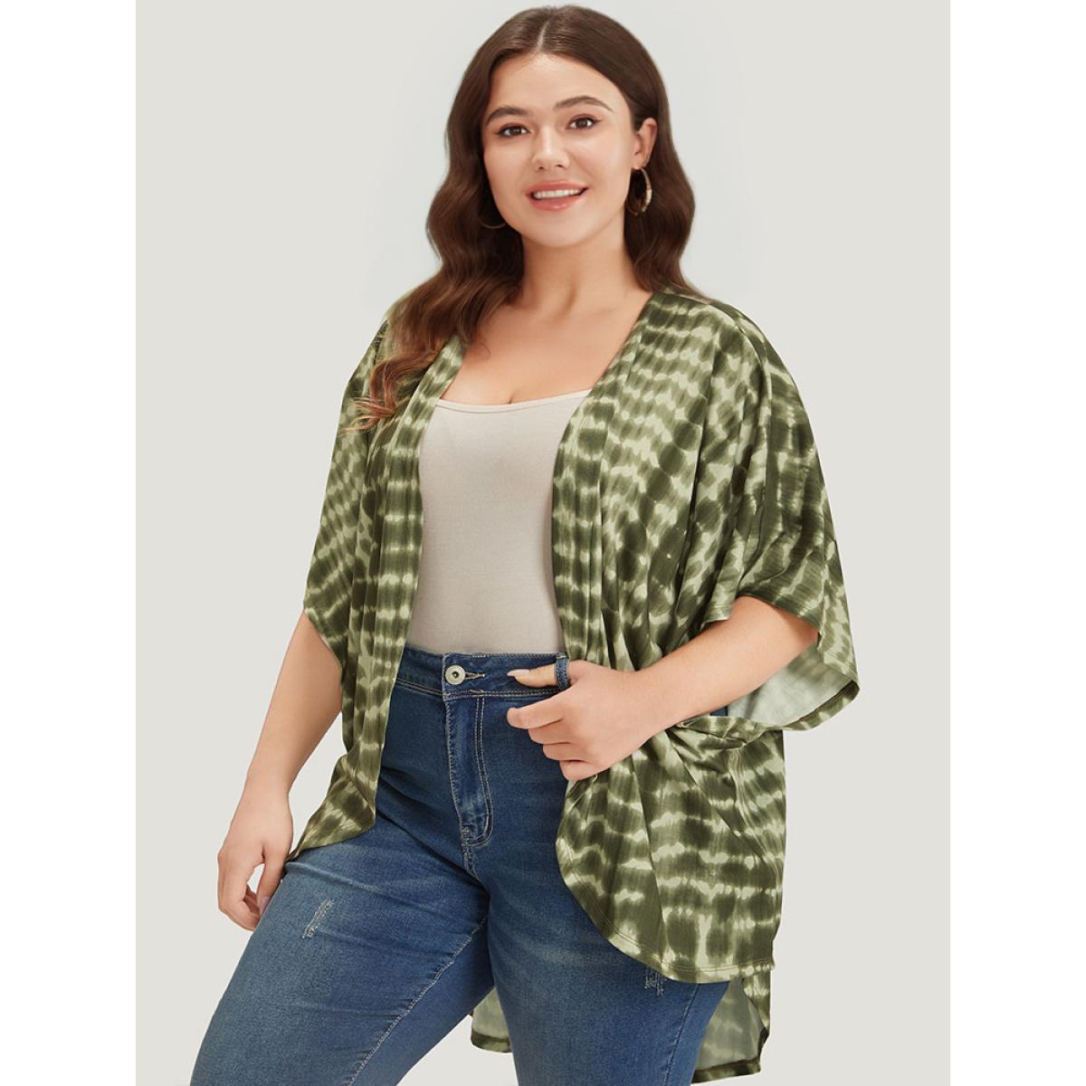 Plus Size Tie Dye Ruffle Sleeve Asymmetrical Hem Kimono Women ArmyGreen Casual Tie Dye Loose Dailywear Kimonos BloomChic 14-16/1X Product Image