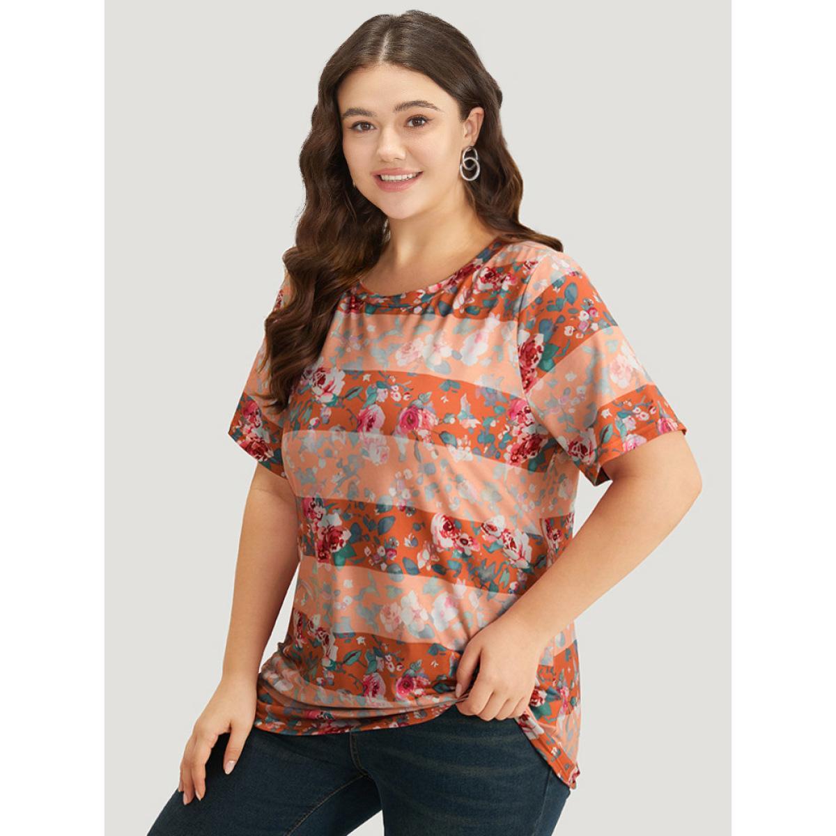 Plus Size Halloween Floral Print Striped Crew Neck T-shirt Multicolor Women Casual Printed Plants Round Neck Festival-Halloween T-shirts BloomChic 12/L Product Image