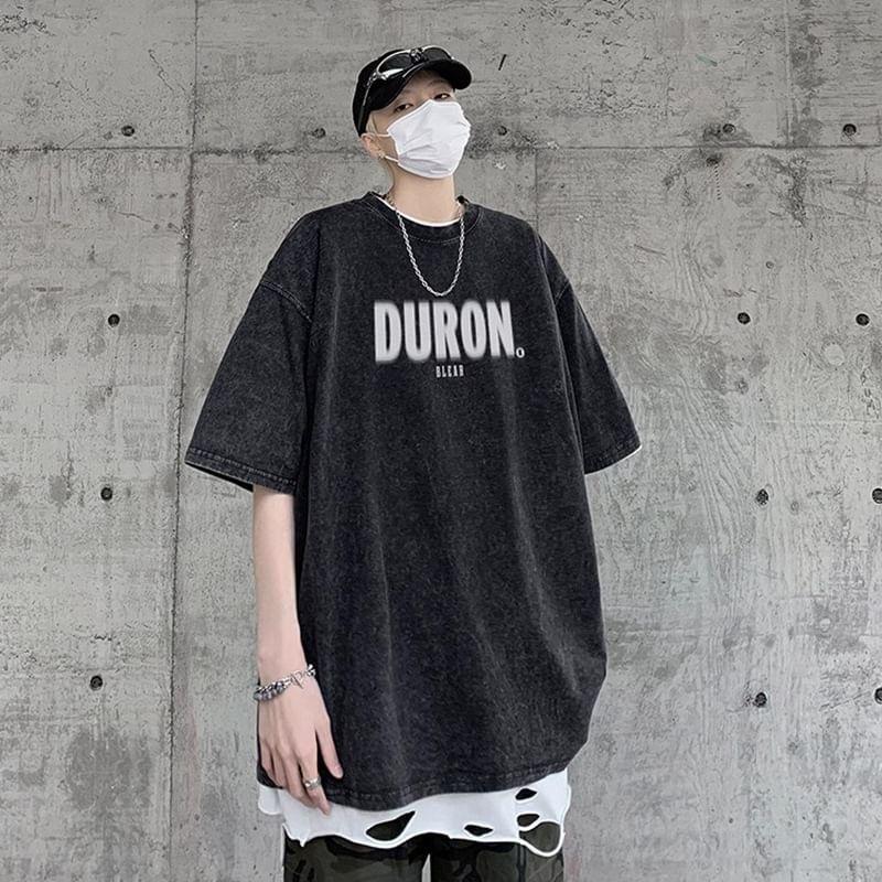 Short-Sleeve Crew Neck Washed Lettering T-Shirt Product Image