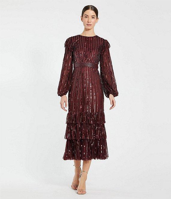 Mac Duggal Sequin Embellished Mesh High Neck Blouson Sleeves Ruffle Dress Product Image