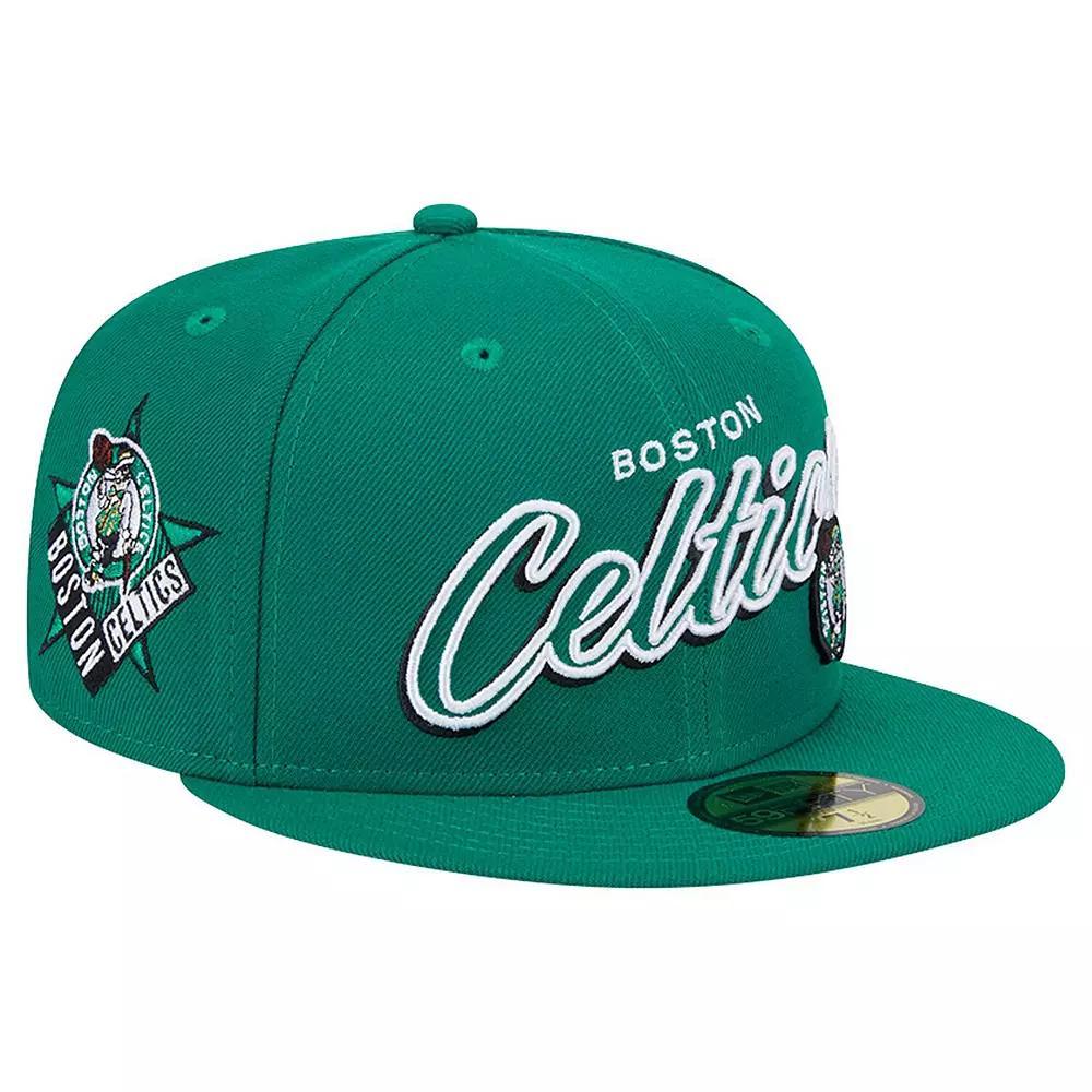 Men's New Era Kelly Green Boston Celtics Sport Night Script Sided 59FIFTY Fitted Hat, Size: 7 1/2 Product Image