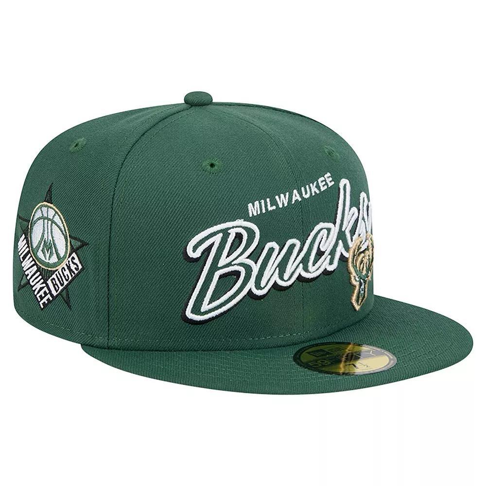 Men's New Era Hunter Green Milwaukee Bucks Sport Night Script Sided 59FIFTY Fitted Hat, Size: 7 1/8, Team Product Image