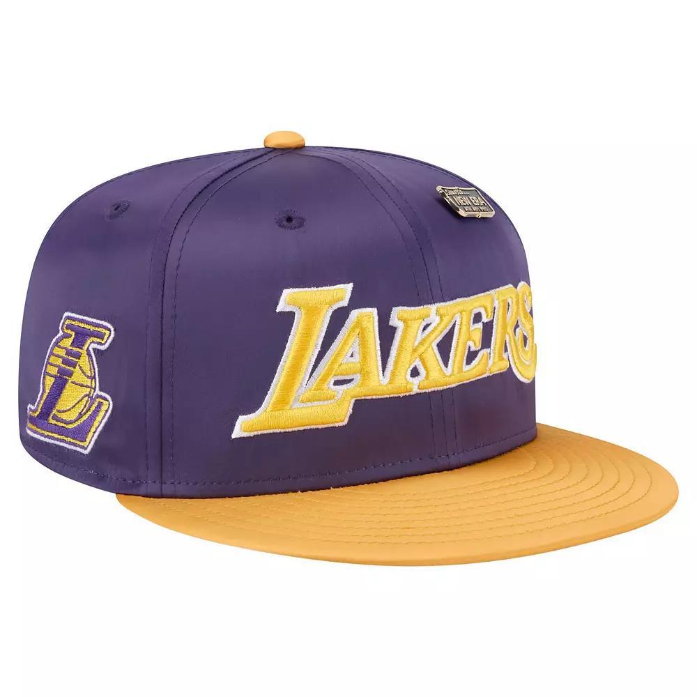 Men's New Era  Purple/Gold Los Angeles Lakers Throwback Satin Vintage Pin Two-Tone 59FIFTY Fitted Hat, Size: 8 Product Image