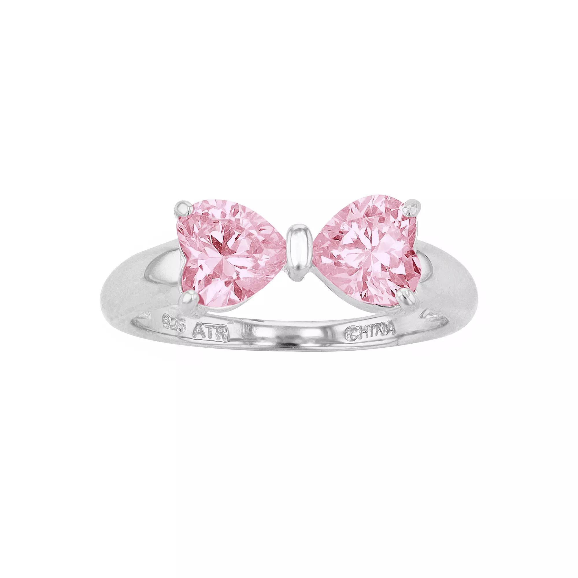 Rosabella Sterling Silver Heart Cubic Zirconia Bow Ring, Women's, Size: 7, Pink Product Image
