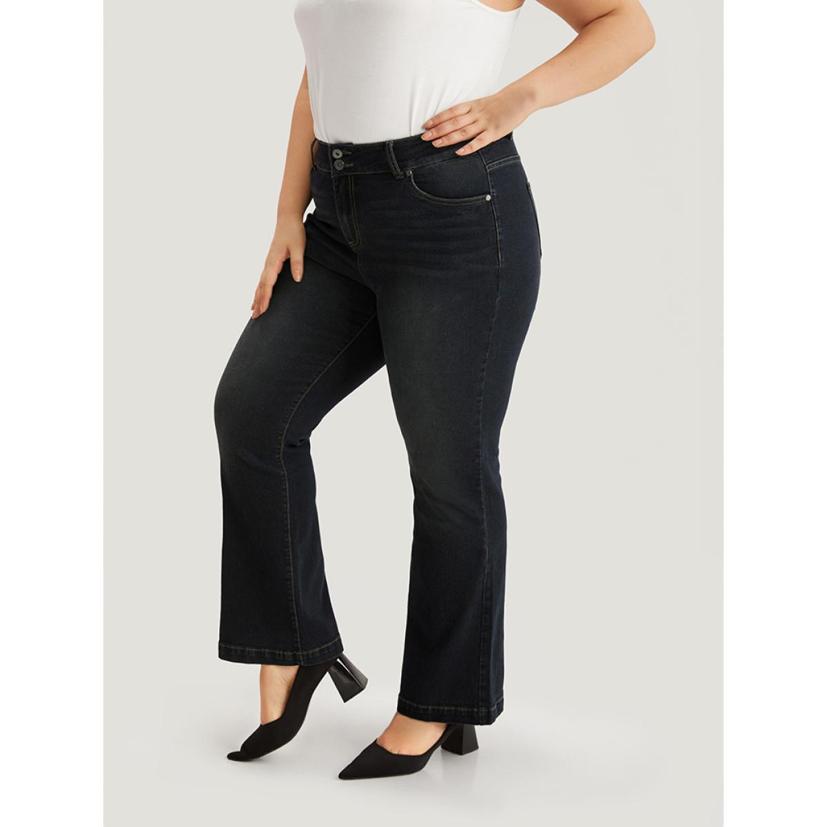 Plus Size Plain Flare Leg Dark Wash Jeans Women Midnight Casual Plain Plain High stretch Pocket Jeans BloomChic 24/3X Product Image