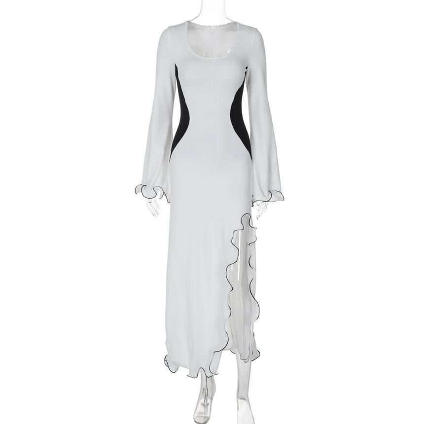 Long-Sleeve Scoop Neck Two Tone Ruffle Trim Slit Midi Sheath Dress Product Image
