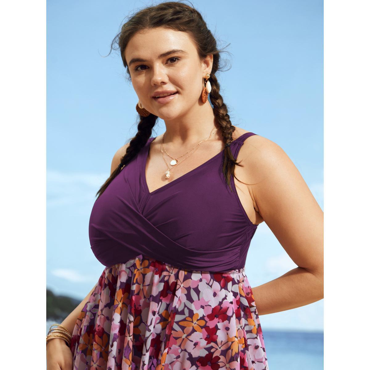 Plus Size Floral Patchwork Mesh Crossover Swim Dress Women's Swimwear Deeppurplered Beach Bodycon V-neck High stretch Curve Swim Dresses BloomChic 30/6X Product Image