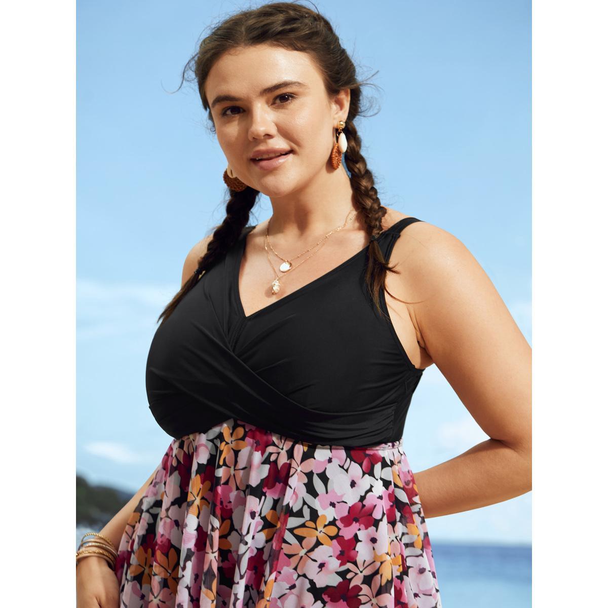 Plus Size Floral Patchwork Mesh Crossover Swim Dress Women's Swimwear Black Beach Bodycon V-neck High stretch Curve Swim Dresses BloomChic 10/M Product Image