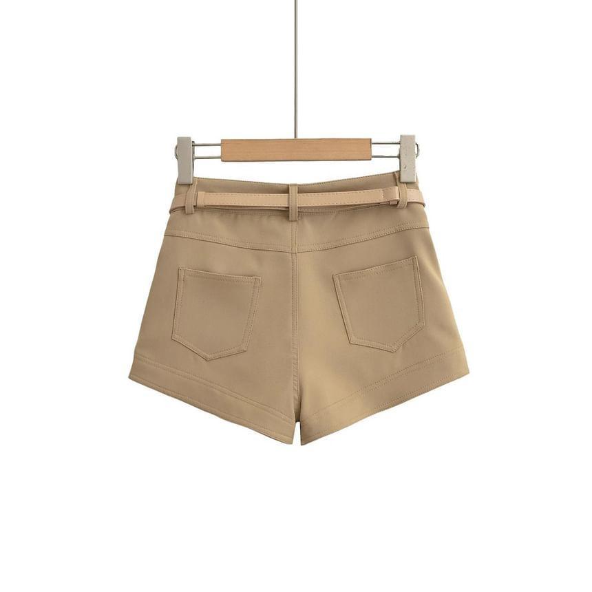 Set: High Waist Plain Shorts + Faux Leather Belt Product Image