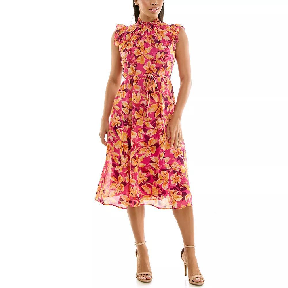 Womens Nina Leonard Smocked Flutter Sleeve Print Dress Product Image