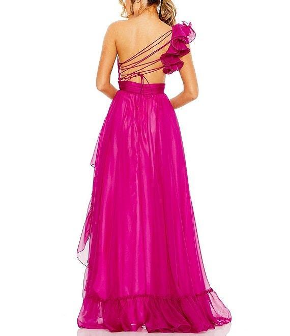 Mac Duggal One Shoulder Ruffle Sleeveless Cut Out Asymmetrical Hem High-Low Gown Product Image