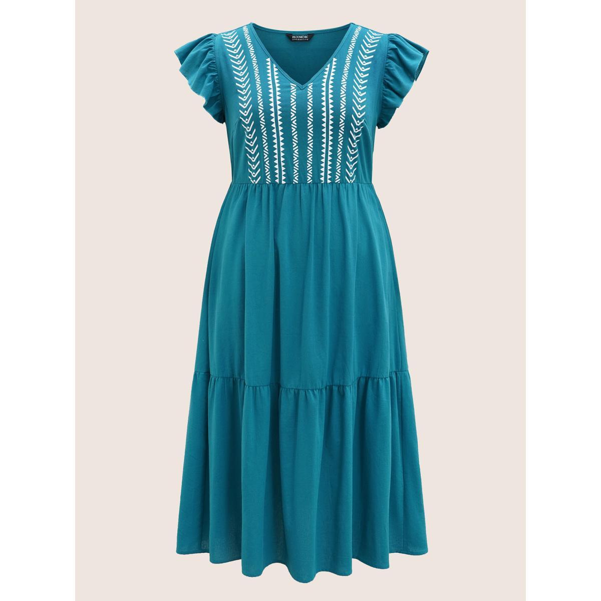 Plus Size Cotton Bandana Geometric Ruffle Cap Sleeve Midi Dress Cerulean Women Casual Ruffles V-neck Cap Sleeve Curvy BloomChic 18-20/2X Product Image