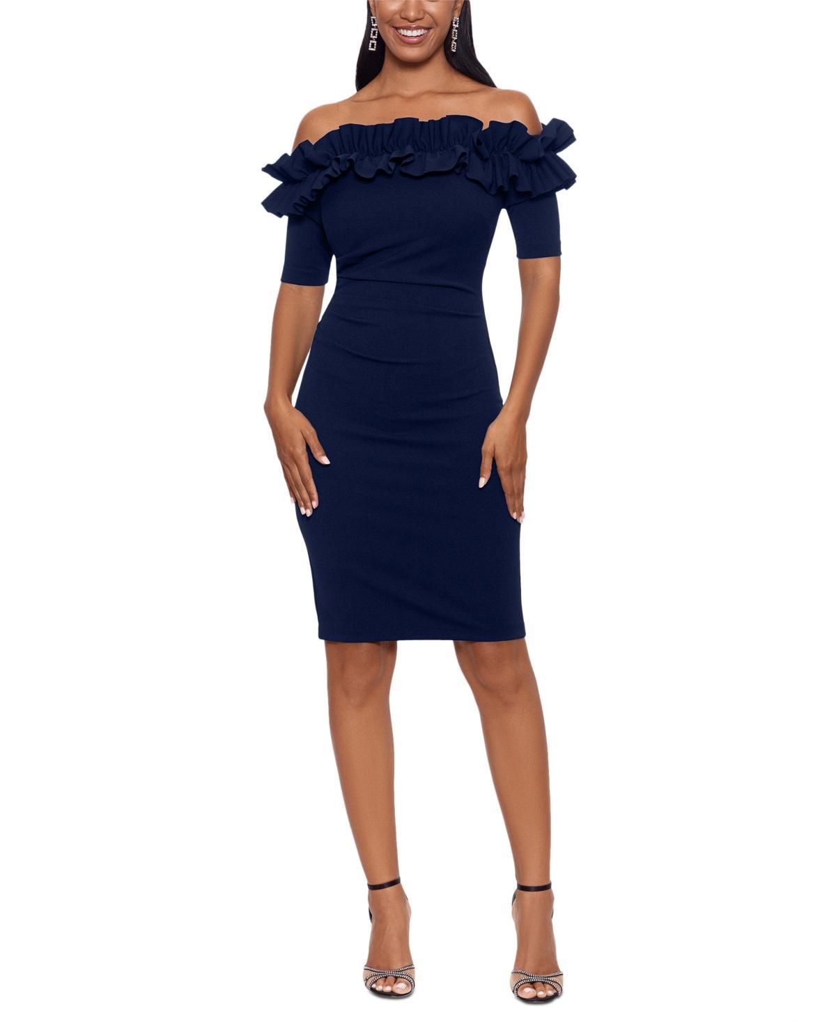 Xscape Off-the-Shoulder Ruffle Neck Short Sleeve Stretch Scuba Crepe Dress Product Image