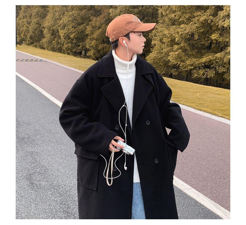 Long-Sleeve  Double-Breasted  Plain Woolen Coat Product Image