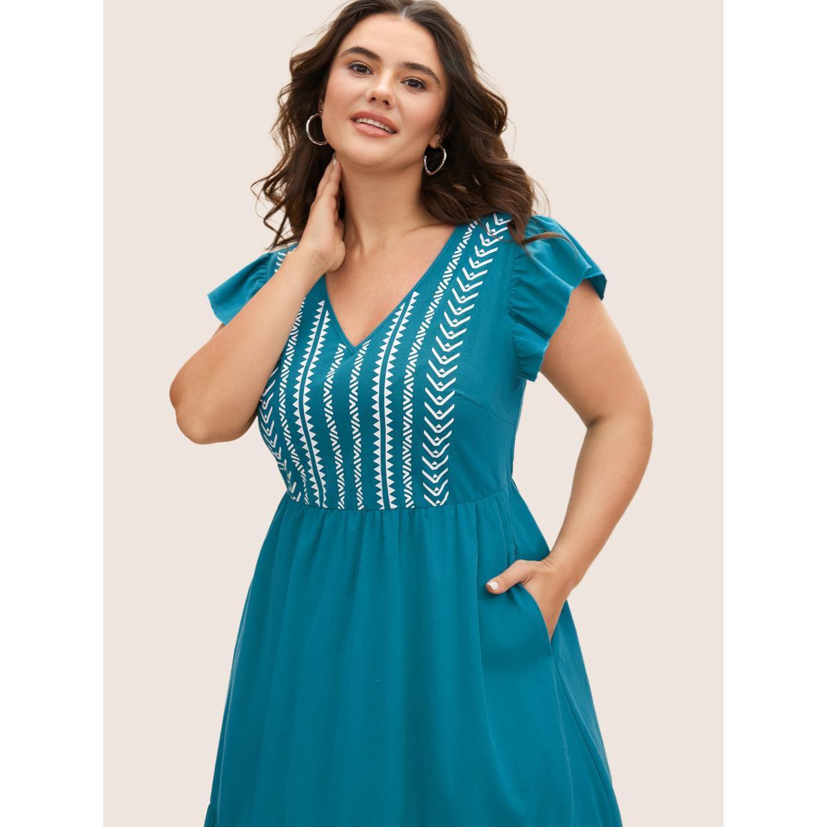 Plus Size Cotton Bandana Geometric Ruffle Cap Sleeve Midi Dress Cerulean Women Casual Ruffles V-neck Cap Sleeve Curvy BloomChic 18-20/2X Product Image