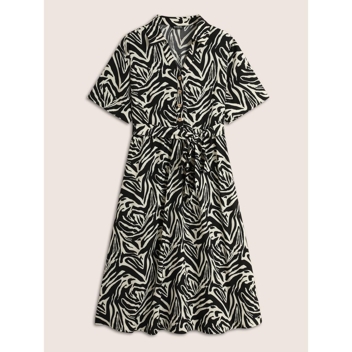 Plus Size Zebra Print Shirt Collar Belted Dress Black Women At the Office Belted Shirt collar Half Sleeve Curvy BloomChic 12/L Product Image