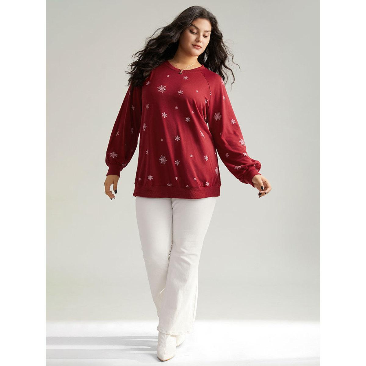 Plus Size Snowflake Print Raglan Sleeve Sweatshirt Women Red Casual Elastic cuffs Round Neck Festival-Christmas Sweatshirts BloomChic 18-20/2X Product Image