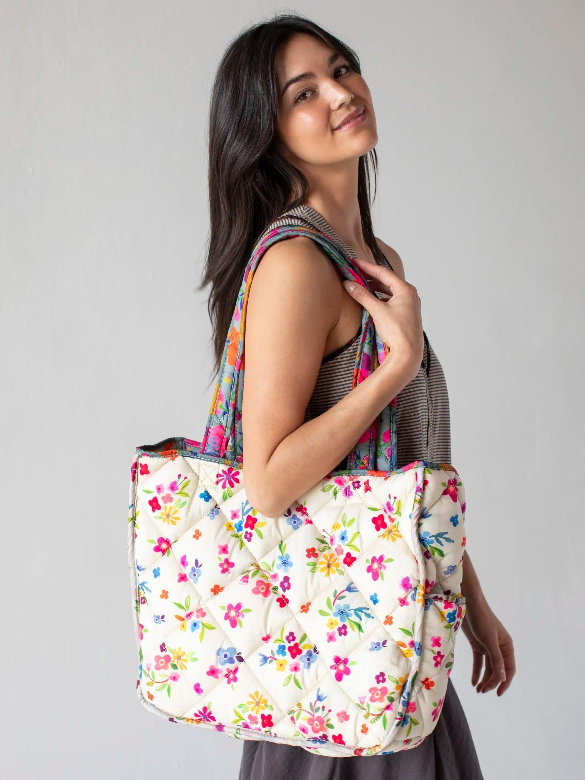 Reversible Puffy Tote Bag - Large Dusty Blue Floral Product Image