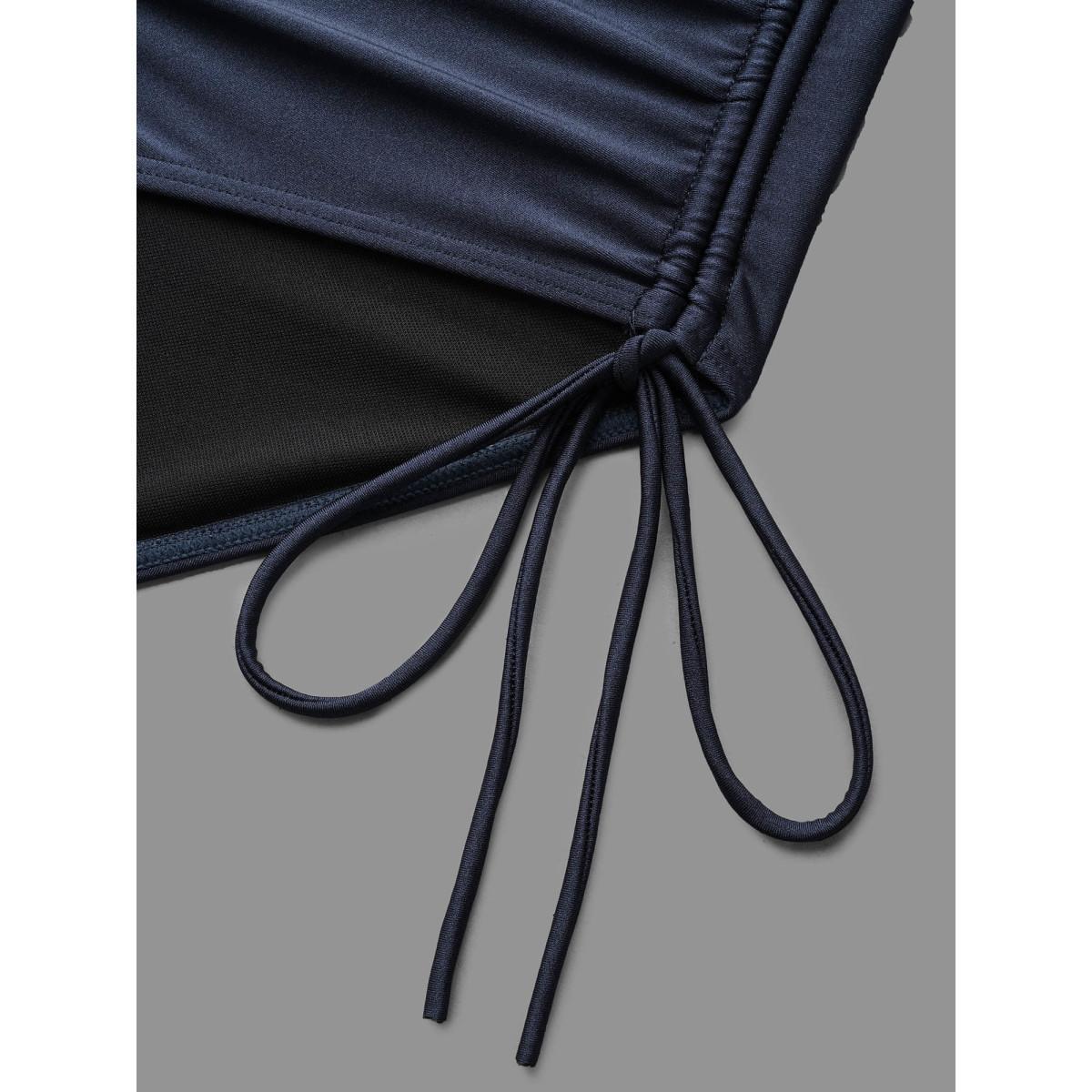 Plus Size Ruched Front Adjustable Drawstring One-Piece Swimsuit Women's Swimwear Indigo Beach Woven ribbon&lace trim Curve Bathing Suits High stretch One Pieces BloomChic 22-24/3X Product Image
