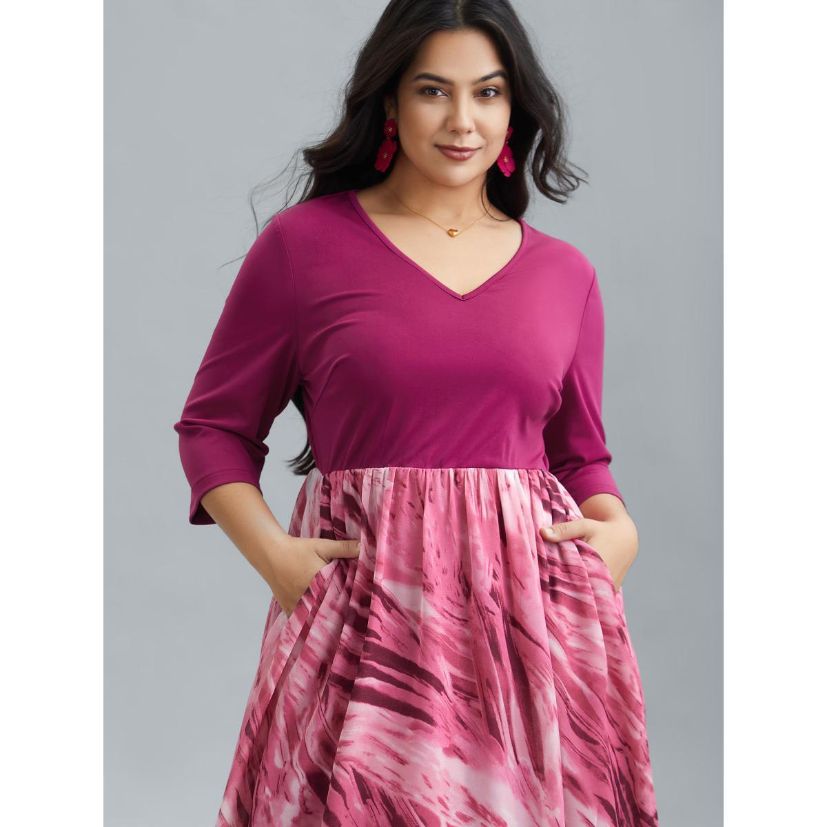 Plus Size Abstract Print Spliced V-Neck Midi Dress Rosered Women Elegant Patchwork V-neck Elbow-length sleeve Curvy BloomChic 22-24/3X Product Image