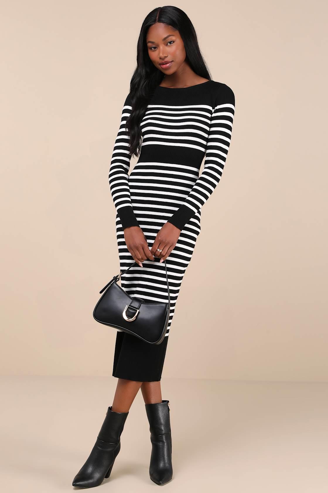 Effortlessly Ready Black Striped Ribbed Midi Sweater Dress Product Image