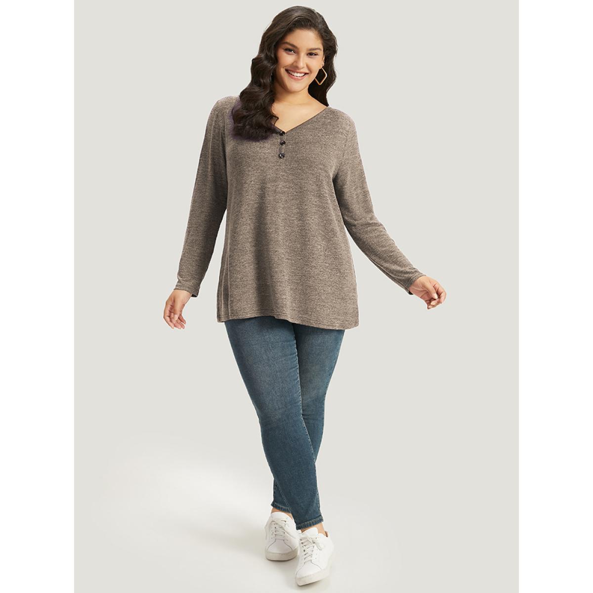 Plus Size Heather Button Up Long Sleeve T-shirt LightBrown Women Casual Heather Plain V-neck Everyday T-shirts BloomChic 26/4X Product Image
