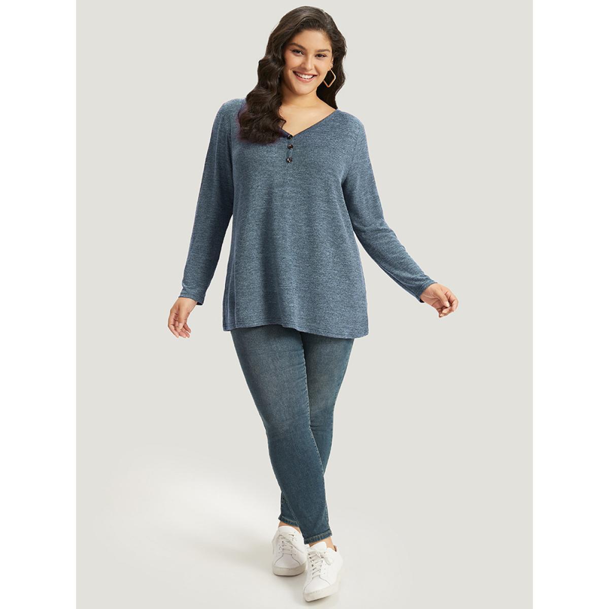 Plus Size Heather Button Up Long Sleeve T-shirt Russet Women Casual Heather Plain V-neck Everyday T-shirts BloomChic 18-20/2X Product Image